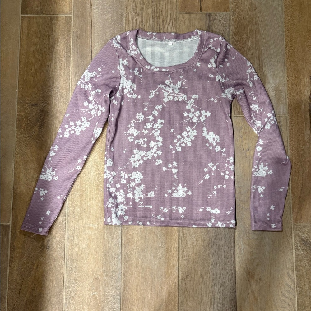 Long Sleeve Floral Thermal Top - Dusty Mauve